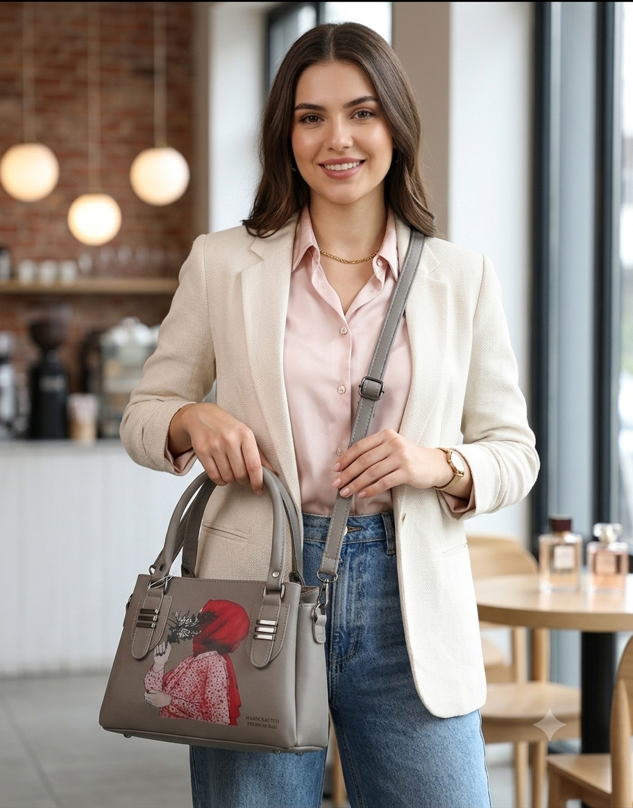 Elegant Handcrafted Art-Print Handbag with Adjustable Strap – Grey