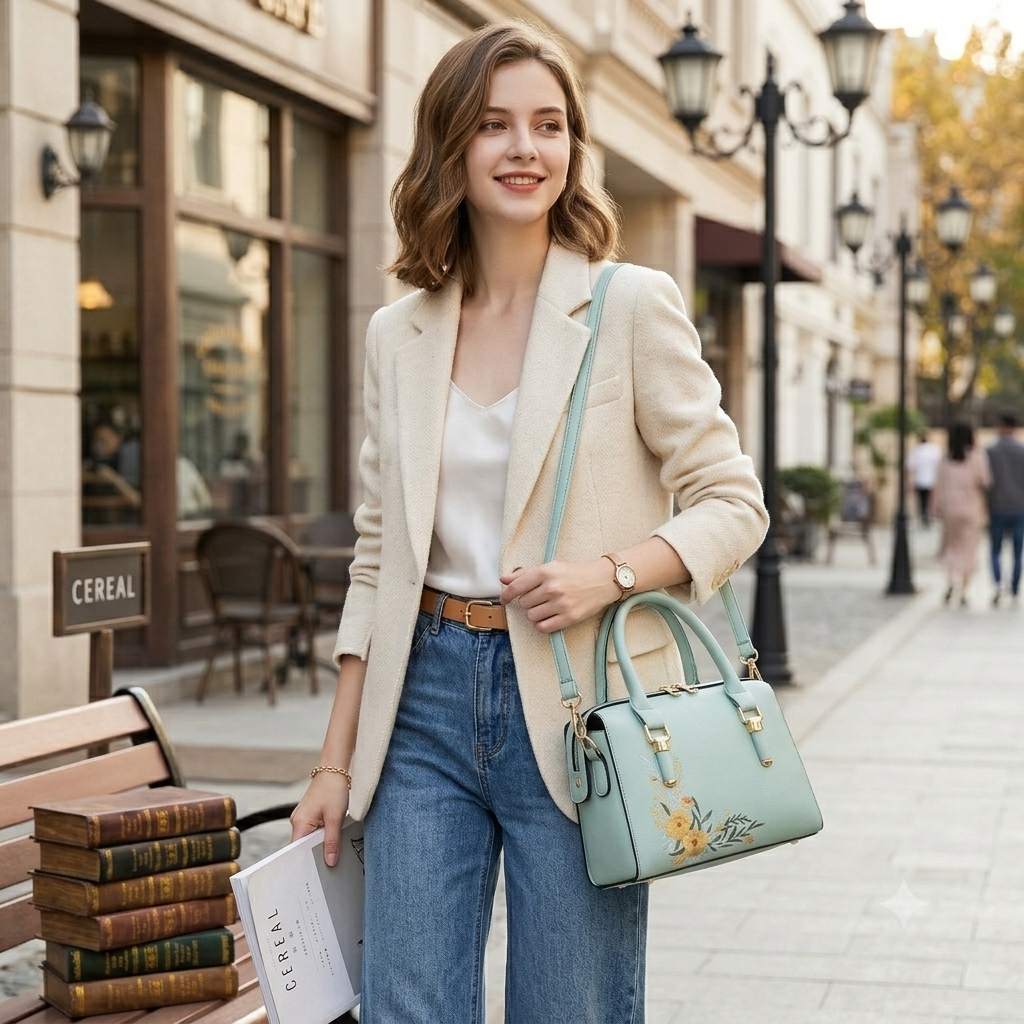 Botanical Bliss: Embroidered Pastel Satchel – The Perfect Everyday Chic Handbag
