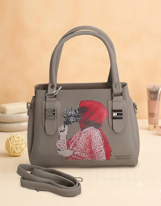 Elegant Handcrafted Art-Print Handbag with Adjustable Strap – Grey
